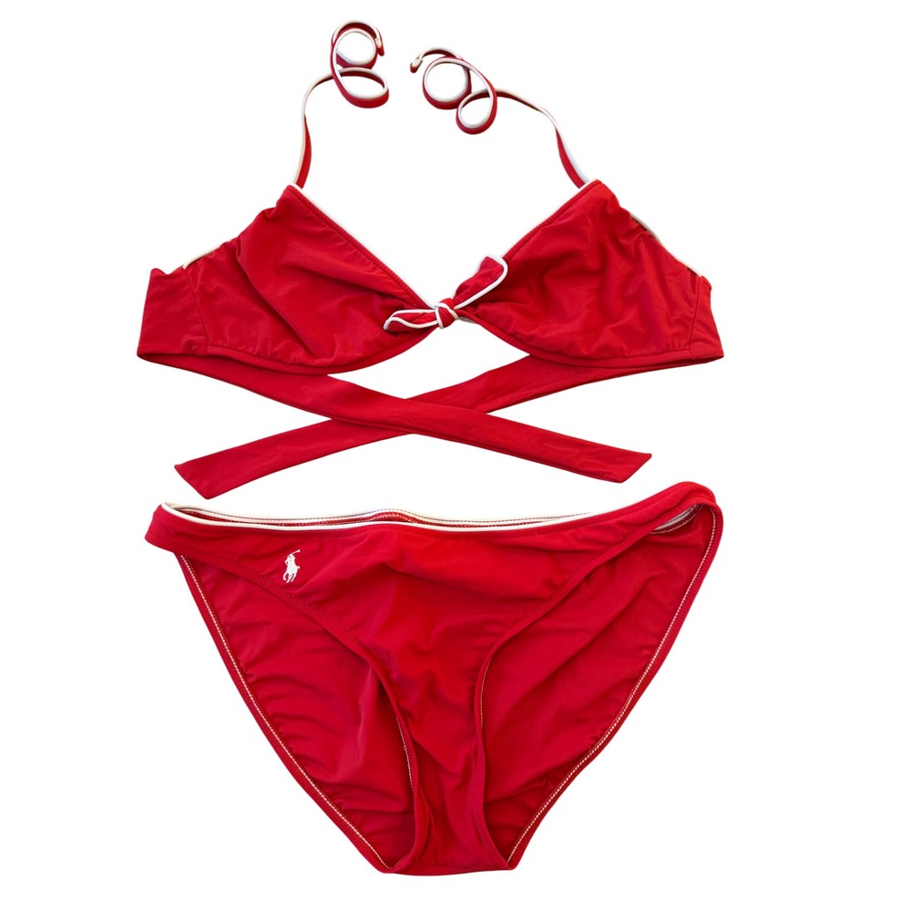Ralph Lauren Womens Size L Red White Wrap Halter Bikini Set Two Piece Swimsuit